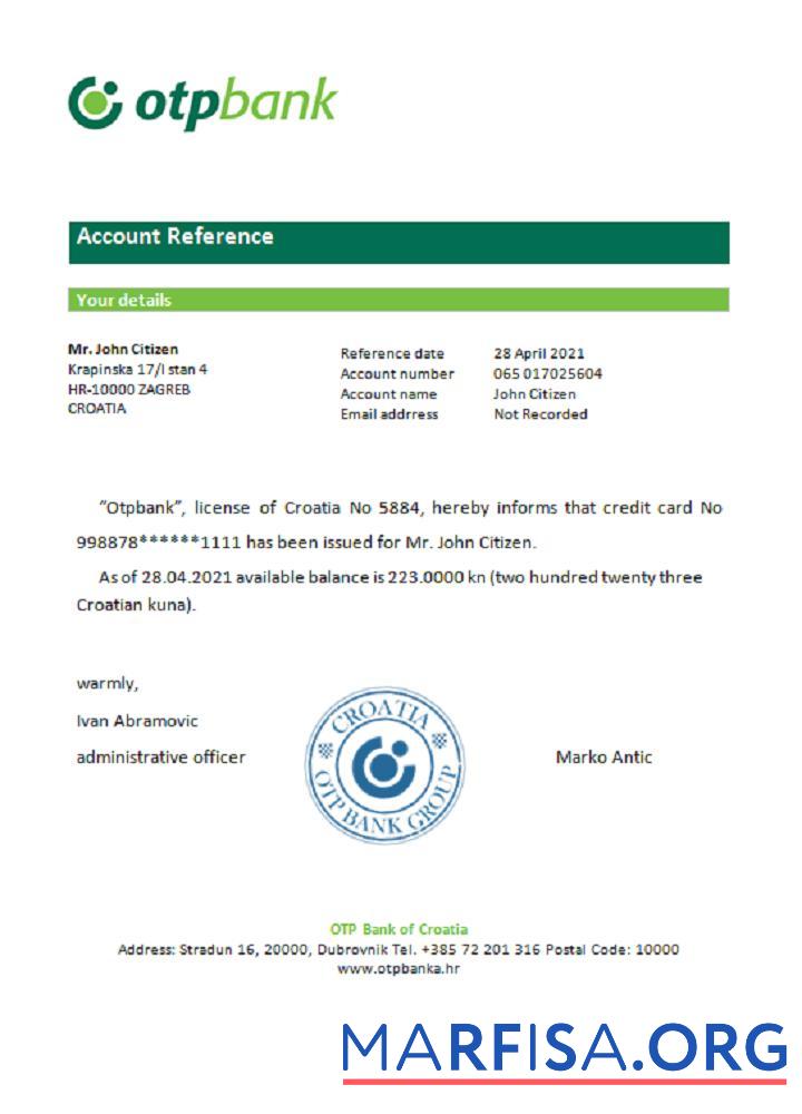 Printable Croatia Otpbank reference download for verification